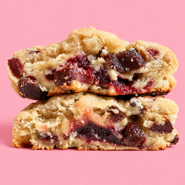 Strawberry Belgian Waffle Cookie cut open with strawberry and chocolate filling